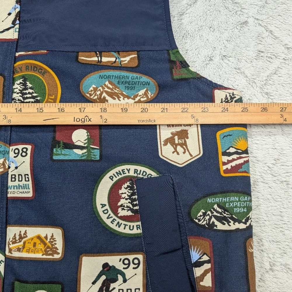BDG Vest Jacket Mens L Blue Blocked Mock Ski Travel Patches Retro Sherpa Lined